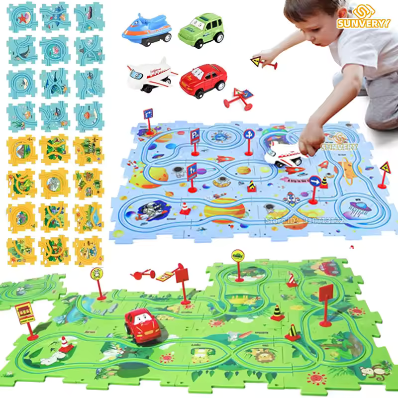 Puzzle Racer Kids Car Track Set Plastic Floor Puzzles for 3 4 5 6 Years Old Boys Montessori Toys Brain Toys 2024 NEW