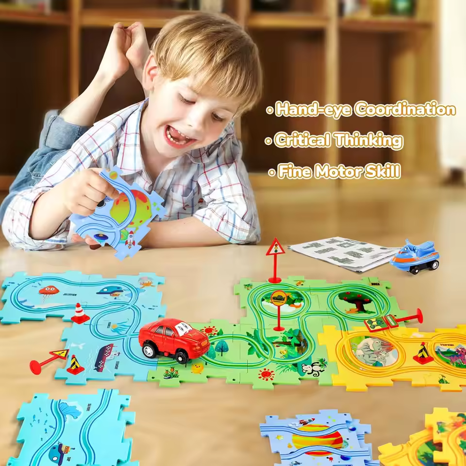 Puzzle Racer Kids Car Track Set Plastic Floor Puzzles for 3 4 5 6 Years Old Boys Montessori Toys Brain Toys 2024 NEW