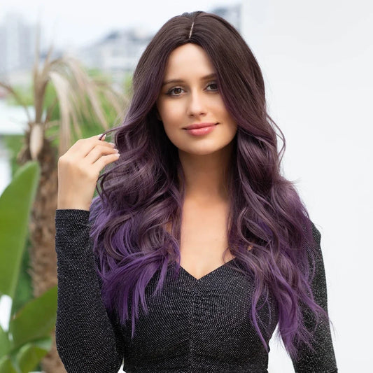 Long Wavy Ombre Brown Purple Synthetic Wigs For Women Heat Resistant Natural Middle Part Cosplay Party Lolita Hair Wigs