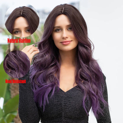 Long Wavy Ombre Brown Purple Synthetic Wigs For Women Heat Resistant Natural Middle Part Cosplay Party Lolita Hair Wigs