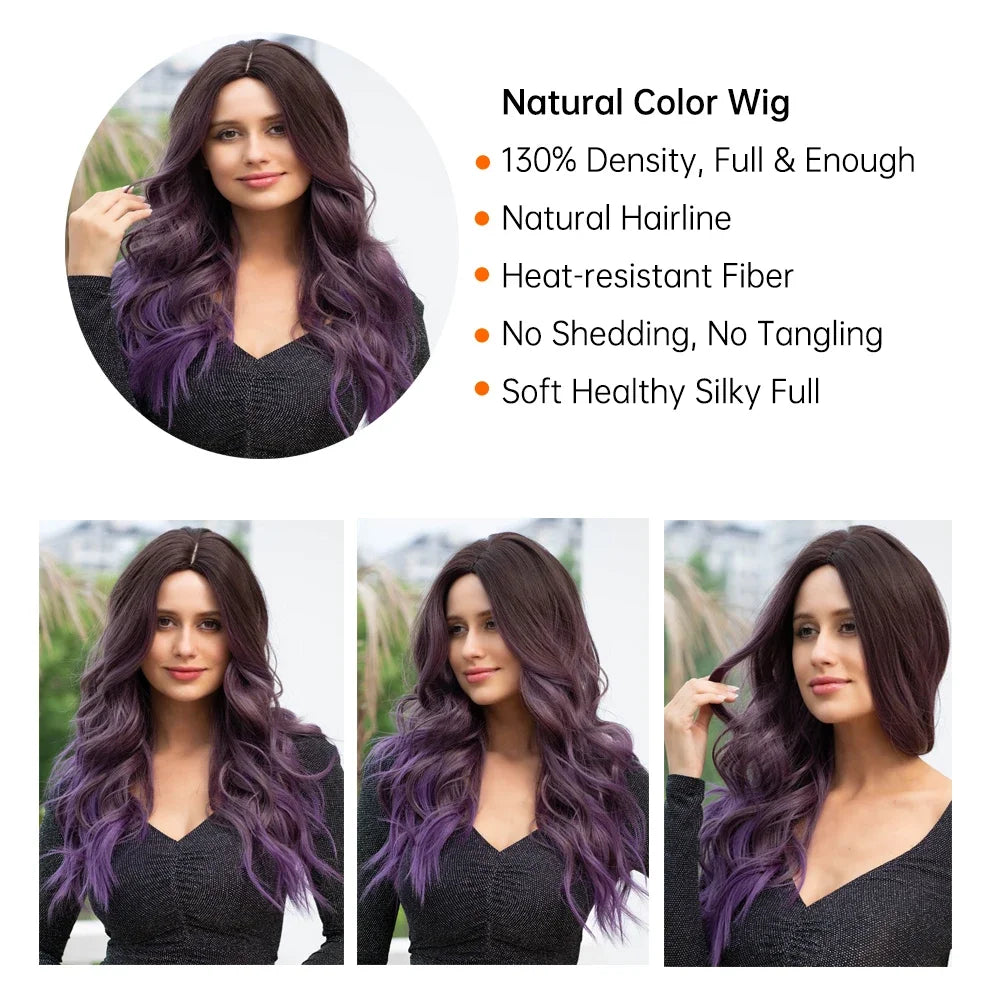 Long Wavy Ombre Brown Purple Synthetic Wigs For Women Heat Resistant Natural Middle Part Cosplay Party Lolita Hair Wigs