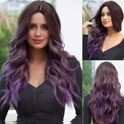 Long Wavy Ombre Brown Purple Synthetic Wigs For Women Heat Resistant Natural Middle Part Cosplay Party Lolita Hair Wigs