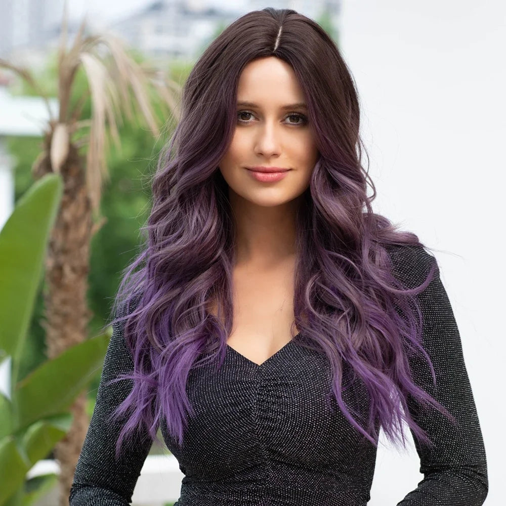 Long Wavy Ombre Brown Purple Synthetic Wigs For Women Heat Resistant Natural Middle Part Cosplay Party Lolita Hair Wigs