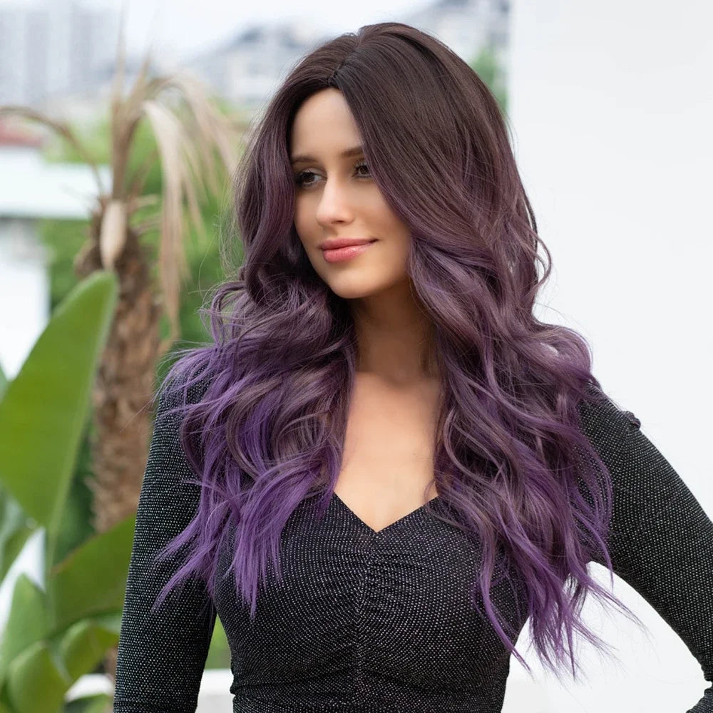 Long Wavy Ombre Brown Purple Synthetic Wigs For Women Heat Resistant Natural Middle Part Cosplay Party Lolita Hair Wigs